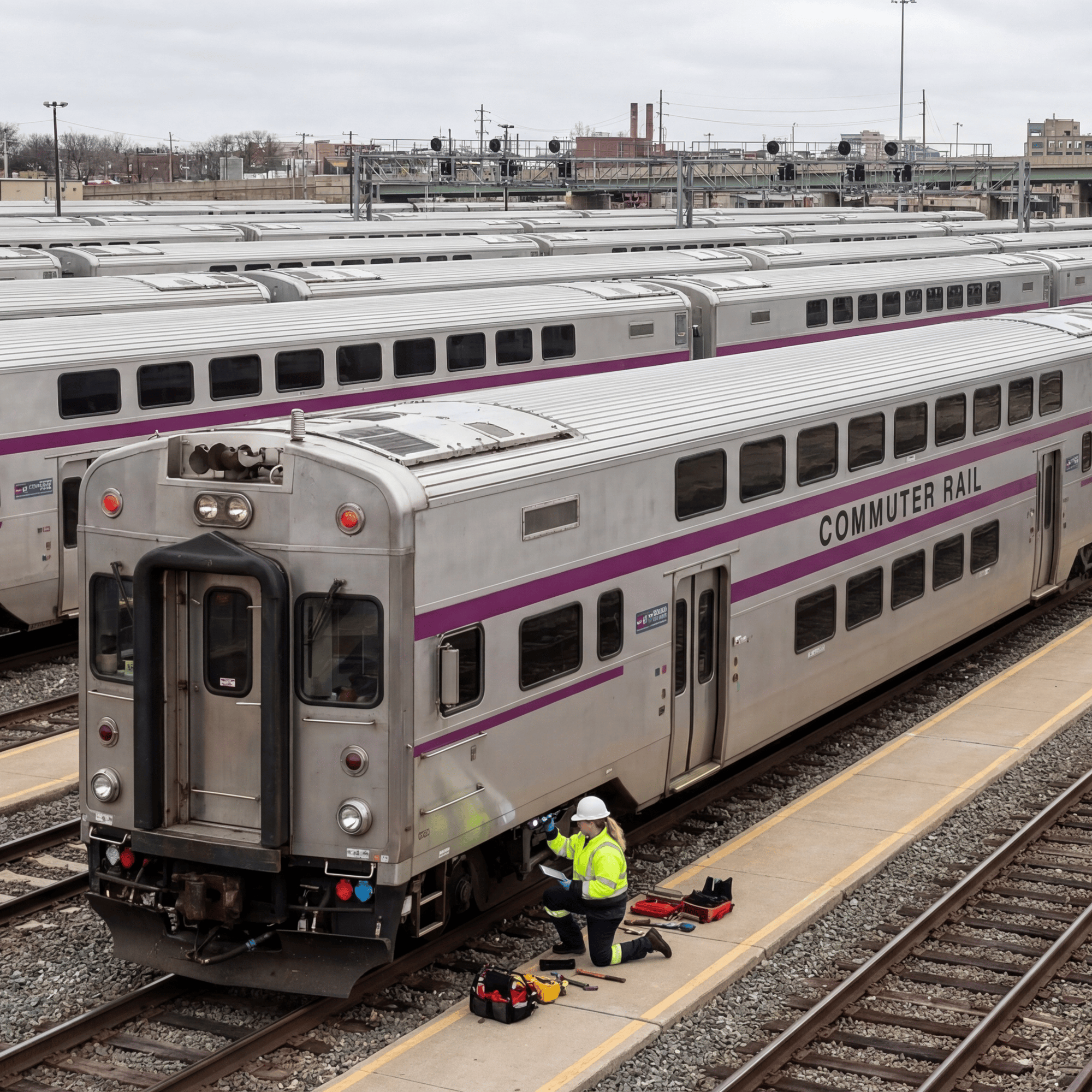 Mechanic assesses passenger train in rail yard